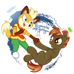 Size: 3000x3000 | Tagged: safe, artist:saralien, button mash, fox, pony, g4, beanie, colt, duo, hat, high res, male, simple background, transparent background, vulpwood