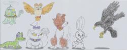 Size: 2414x954 | Tagged: safe, artist:nephilim rider, angel bunny, gummy, opalescence, owlowiscious, tank, winona, oc, oc:ghost the raven, g4, pet, traditional art