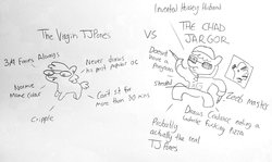 Size: 1920x1143 | Tagged: safe, artist:tjpones, oc, oc only, oc:tjpones, earth pony, pony, zebra, abs, artist, bipedal, chad, clothes, drawing, ear piercing, glasses, hoodie, hoof hold, know the difference, lineart, male, master, meme, mouth hold, pencil, piercing, pootgate, self deprecation, simple background, stallion, sunglasses, text, traditional art, virgin, virgin walk