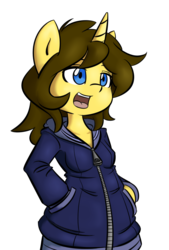 Size: 918x1361 | Tagged: safe, artist:spheedc, oc, oc only, oc:dream chaser, unicorn, semi-anthro, blue eyes, clothes, digital art, female, hoodie, hooves in pockets, mare, rule 63, simple background, solo, transparent background