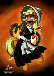 Size: 565x800 | Tagged: safe, artist:pyropk, applejack, earth pony, pony, g4, cliffside (animated series), clothes, cordie, corrupted, creepypasta, dress, evil, female, nightmare fuel, pincers, skirt, smiling, solo