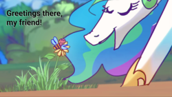 Size: 1920x1080 | Tagged: safe, artist:alumx, edit, princess celestia, bee, insect, pony, g4, bent over, female, flower, hello friend (animation), mare, plant, talking, text edit