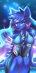 Size: 2680x5452 | Tagged: safe, artist:ask-colorsound, princess luna, alicorn, anthro, g4, breasts, busty princess luna, cleavage, clothes, dress, female, mare, slit pupils, smiling, solo