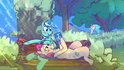 Size: 1920x1080 | Tagged: safe, artist:alumx, bon bon, lyra heartstrings, princess celestia, sweetie drops, earth pony, pony, unicorn, g4, angry, bench, blushing, book, duo focus, female, funny, hello friend (animation), lesbian, lying down, mare, scenery, ship:lyrabon, shipping, smiling, something is not right, tree, wait a second