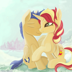 Size: 1450x1450 | Tagged: safe, artist:pedrohander, flash sentry, sunset shimmer, pegasus, pony, unicorn, g4, cute, female, male, ship:flashimmer, shipping, straight