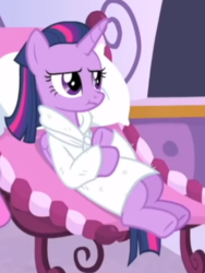 Size: 352x467 | Tagged: safe, screencap, twilight sparkle, alicorn, pony, g4, rarity's biggest fan, alternate hairstyle, clothes, cropped, female, mare, robe, solo, twilight sparkle (alicorn)
