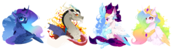 Size: 3510x1027 | Tagged: safe, artist:makkah, discord, princess celestia, princess luna, queen novo, alicorn, classical hippogriff, draconequus, hippogriff, pony, g4, my little pony: the movie, bust, collar, jewelry, line-up, necklace, portrait, regalia, royal sisters, simple background, smiling, transparent background