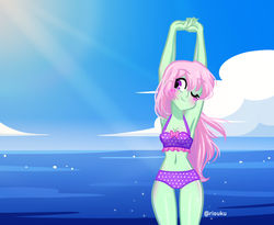 Size: 1280x1048 | Tagged: safe, artist:riouku, oc, oc only, oc:spectral wind, equestria girls, g4, adorasexy, armpits, belly button, bikini, blushing, breasts, cleavage, clothes, cute, equestria girls-ified, female, looking at you, midriff, one eye closed, sexy, smiling, solo, swimsuit, wink