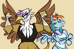 Size: 980x655 | Tagged: safe, artist:beastofeuthanasia, gilda, rainbow dash, griffon, pegasus, anthro, g4, alternative cutie mark placement, clenched fist, clothes, duo, duo female, female, flexing, hand wraps, implied gildash, implied lesbian, implied shipping, lidded eyes, simple background, sketch, spread wings, tank top, wings