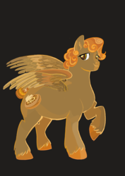 Size: 2480x3508 | Tagged: safe, artist:ashtodusk, oc, oc only, oc:cinnamon roll, pegasus, pony, blaze (coat marking), coat markings, facial markings, gray background, high res, male, offspring, parent:big macintosh, parent:fluttershy, parents:fluttermac, raised hoof, simple background, solo, stallion, tail bun, unshorn fetlocks