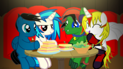 Size: 3840x2160 | Tagged: safe, artist:agkandphotomaker2000, dj pon-3, vinyl scratch, oc, oc:ace beat, oc:pony video maker, oc:ruby blooddreamer, dracony, pegasus, pony, unicorn, vampire, g4, canon x oc, double date, food, high res, restaurant, salad, sandwich, videoscratch