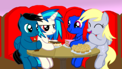 Size: 3840x2160 | Tagged: safe, artist:agkandphotomaker2000, derpy hooves, dj pon-3, vinyl scratch, oc, oc:pony video maker, oc:sapphire note, pony, g4, cake, canon x oc, dessert, double date, food, high res, muffin, restaurant, sugarcube corner, sugarcube corner (interior), videoscratch