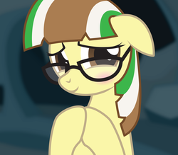 Size: 2836x2480 | Tagged: safe, artist:lightning stripe, derpibooru exclusive, oc, oc only, oc:beetle beat, pony, g4, blushing, brown, brown eyes, changeling hive, cute, eyelashes, glasses, green, high res, ocbetes, show accurate, shy, smiling, solo, white, yellow, yellow coat