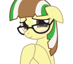 Size: 2836x2480 | Tagged: safe, artist:lightning stripe, derpibooru exclusive, oc, oc only, oc:beetle beat, pony, g4, blushing, brown, brown eyes, cute, eyelashes, glasses, green, high res, ocbetes, show accurate, shy, simple background, smiling, solo, transparent background, white, yellow, yellow coat