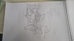 Size: 4096x2304 | Tagged: safe, artist:symphonydawn3, oc, oc only, oc:paper stars, bat pony, pony, amputee, bandage, bat pony oc, cute, cute little fangs, fangs, female, heart, hug, lineart, looking at something, mare, pencil drawing, redraw, sketchpad, solo, speech bubble, traditional art