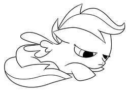 Size: 934x677 | Tagged: safe, scootaloo, pegasus, pony, g4, black and white, blank flank, female, filly, grayscale, lidded eyes, lying down, monochrome, prone, simple background, solo, spread wings, wake up, white background, wings