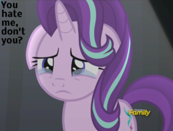 Size: 745x565 | Tagged: safe, edit, edited screencap, screencap, starlight glimmer, pony, unicorn, g4, my little pony: friendship is magic, no second prances, bronybait, caption, crying, discovery family logo, female, floppy ears, frown, sad, sadlight glimmer, solo, teary eyes