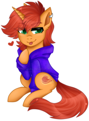 Size: 2521x3425 | Tagged: safe, artist:nekomellow, oc, oc only, oc:flaming arrow, pony, unicorn, art trade, clothes, heart, high res, hoodie, outline, simple background, sitting, solo, transparent background, watermark