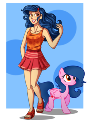 Size: 2500x3500 | Tagged: safe, artist:jack-pie, oc, oc only, oc:diamond coat, human, pegasus, pony, beautiful, belt, clothes, feet, female, high res, human ponidox, humanized, mare, miniskirt, raised hoof, sandals, self paradox, self ponidox, skirt, smiling, solo