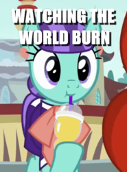Size: 405x547 | Tagged: safe, edit, edited screencap, screencap, mixed berry, earth pony, pony, g4, the parent map, :t, caption, clothes, cropped, cute, drink, drinking, hoof hold, image macro, meme, smiling, solo focus, straw, text