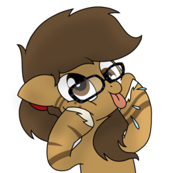 Size: 1000x1000 | Tagged: safe, alternate version, artist:toyminator900, oc, oc only, oc:binky, earth pony, hybrid, pony, zony, :p, base used, body markings, cute, derp, drool, female, floppy ears, freckles, funny face, glasses, mare, nerd, ponytail, raspberry noise, scrunchie, silly, silly pony, simple background, smiling, solo, squishy cheeks, tongue out, transparent background, unshorn fetlocks