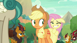 Size: 1920x1080 | Tagged: safe, screencap, applejack, autumn afternoon, cinder glow, fluttershy, pumpkin smoke, rain shine, summer flare, earth pony, kirin, pegasus, pony, g4, season 8, sounds of silence, blank expression, faic, female, frown, great moments in animation, grin, mare, nervous, nervous smile, out of context, smiling