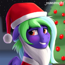 Size: 800x800 | Tagged: safe, artist:jcosneverexisted, oc, oc only, oc:weldbead, pony, blushing, christmas, christmas tree, cute, fake beard, hat, holiday, looking at you, male, patreon, reward, santa beard, santa hat, smiling, solo, tree