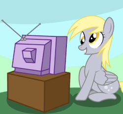 Size: 840x778 | Tagged: safe, artist:pizzamovies, derpy hooves, pegasus, pony, g4, animated, blinking, derp, female, food, gif, happy, muffin, raised hoof, simple background, smiling, solo, teeth, television
