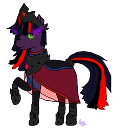 Size: 400x440 | Tagged: safe, artist:landofwaterfallsandturquoise, twilight sparkle, pony, unicorn, ask corrupted twilight sparkle, g4, armor, cape, clothes, collar, corrupted, corrupted element of harmony, corrupted element of magic, corrupted twilight sparkle, crown, curved horn, dark, female, hoof shoes, horn, jewelry, necklace, queen twilight, regalia, robe, solo, sombra eyes, sombra horn, tiara, tumblr, tyrant sparkle, unicorn twilight
