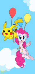 Size: 2200x4600 | Tagged: safe, pinkie pie, earth pony, pikachu, pony, g4, balloon, balloon pikachu, crossover, cute, duo, female, floating, flying, high res, mare, pokémon