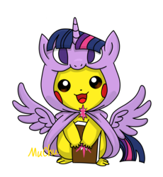 Size: 2280x2483 | Tagged: safe, artist:muchu, twilight sparkle, alicorn, pikachu, pony, g4, book, clothes, costume, high res, looking at you, pokémon, smiling, twilight sparkle (alicorn)