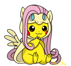 Size: 2213x2064 | Tagged: safe, artist:muchu, fluttershy, pikachu, pony, g4, high res, pokémon