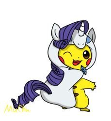 Size: 2300x2506 | Tagged: safe, artist:muchu, rarity, pikachu, pony, g4, clothes, high res, hoodie, one eye closed, pokémon, wink