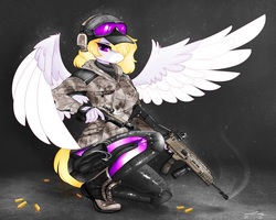 Size: 1982x1586 | Tagged: safe, artist:ark nw, oc, oc only, pegasus, anthro, autograph, blonde, boots, bullet, bushmaster acr, camouflage, clothes, commission, female, gloves, goggles, gun, gun holster, handgun, hat, headset, military, military pony, military uniform, pistol, purple eyes, rainbow six siege, shirt, shoes, solo, ubisoft, uniform, weapon, wings