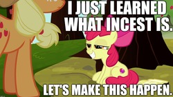 Size: 1920x1080 | Tagged: safe, edit, edited screencap, screencap, apple bloom, applejack, earth pony, pony, g4, marks for effort, apple tree, bedroom eyes, book, caption, female, filly, image macro, implied applecest, implied bloomjack, implied incest, implied lesbian, implied shipping, mare, meme, text, tree