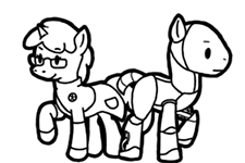 Size: 225x150 | Tagged: safe, artist:crazyperson, pony, robot, robot pony, unicorn, fallout equestria, fallout equestria: commonwealth, black and white, clothes, duo, fanfic art, generic pony, glasses, grayscale, monochrome, picture for breezies, raised hoof, simple background, synth, the institute, transparent background
