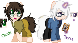 Size: 1280x708 | Tagged: safe, artist:xxmaikhanhflarexx, oc, oc only, oc:ozaki, oc:toru, earth pony, pony, clothes, jacket, magic, male, pants, shirt, simple background, stallion, transparent background