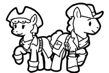 Size: 225x150 | Tagged: safe, artist:crazyperson, earth pony, pony, fallout equestria, fallout equestria: commonwealth, black and white, clothes, fanfic art, female, generic pony, grayscale, hat, male, mare, minuteman, minutemares, minutemen, monochrome, picture for breezies, simple background, stallion, transparent background