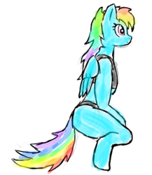 Size: 1138x1311 | Tagged: artist needed, source needed, safe, rainbow dash, anthro, unguligrade anthro, g4, clothes, female, solo, squatting