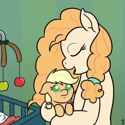 Size: 1200x1200 | Tagged: safe, alternate version, artist:mkogwheel, applejack, pear butter, earth pony, pony, g4, baby, baby pony, babyjack, crib, crib mobile, crying, cute, daaaaaaaaaaaw, female, foal, jackabetes, lullaby, mother and daughter, teary eyes