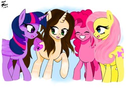 Size: 2528x1764 | Tagged: safe, artist:radiancebreaker, fluttershy, pinkie pie, twilight sparkle, oc, oc:cindy, alicorn, pony, unicorn, g4, bow, female, mare, tail bow, twilight sparkle (alicorn)