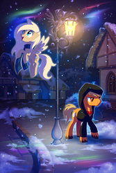 Size: 2000x3000 | Tagged: safe, artist:stasysolitude, oc, oc only, oc:mirta whoowlms, earth pony, pegasus, pony, aurora borealis, clothes, colored wings, colored wingtips, duo, female, flying, high res, hoodie, lamppost, male, night, night sky, ponified, ponyville, scarf, sky, smiling, snow, snowfall, spread wings, stallion, streetlight, the master, unshorn fetlocks, wings, winter