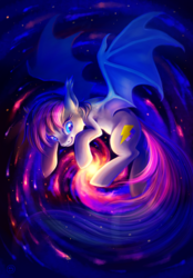 Size: 1325x1900 | Tagged: safe, artist:stasysolitude, oc, oc only, bat pony, pony, bat pony oc, bat wings, ear fluff, female, galaxy, mare, solo, space, spread wings, stars, wings