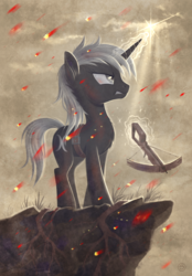 Size: 1395x2000 | Tagged: safe, artist:stasysolitude, oc, oc only, pony, unicorn, cliff, crossbow, fire