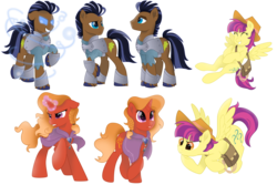 Size: 1920x1286 | Tagged: safe, artist:lostinthetrees, firebrand, strong oak, thrilly filly, pegasus, pony, unicorn, tails of equestria, the haunting of equestria, female, hat, male, mare, saddle bag, simple background, stallion, transparent background