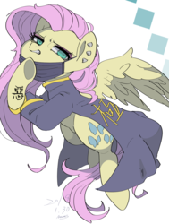 Size: 1300x1720 | Tagged: safe, artist:potetecyu_to, fluttershy, pegasus, pony, g4, clothes, ear piercing, face mask, female, looking at you, mare, mask, piercing, solo