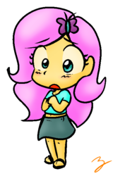 Size: 415x649 | Tagged: safe, artist:zutcha, fluttershy, butterfly, human, equestria girls, g4, belly button, blushing, chibi, clothes, cute, female, midriff, open mouth, sandals, shirt, short shirt, shyabetes, skirt, solo