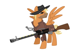 Size: 2704x1940 | Tagged: safe, artist:vanripper, oc, oc only, oc:calamity, pegasus, pony, fallout equestria, badass, battle saddle, clint, cowboy hat, dashite, fanfic, fanfic art, gun, hat, hooves, male, rifle, saddle bag, simple background, spitfire's thunder, spread wings, stallion, transparent background, weapon, wings