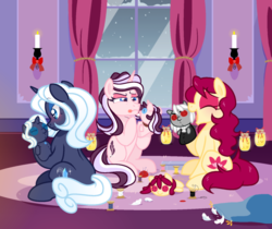 Size: 1550x1300 | Tagged: safe, artist:yokokinawa, oc, oc only, oc:melody diamond, oc:soft petal, oc:violet quill, earth pony, pony, unicorn, vampony, blushing, candle, doll, feather, female, hearth's warming, hearth's warming eve, hearts warming day, lesbian, mare, oc x oc, polyamory, room, sewing, shipping, spanish, story included, thread, tongue out, toy, wife, window, wives
