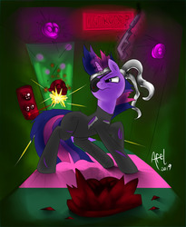 Size: 1280x1559 | Tagged: safe, artist:elbenjaftw, twilight sparkle, pony, robot, unicorn, g4, alert, camera, future twilight, gun, intruder, metal gear, solid sparkle, solo, spy, unicorn twilight, weapon